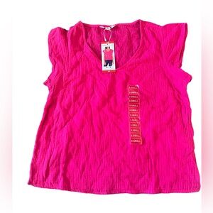 Three Dots Women's Short Sleeve V-Neck Double Layer Gauze Fuchsia XS